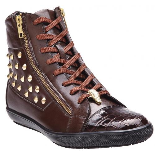 Belvedere "Dante" Brown Genuine Crocodile And Soft Italian Calf Ankle Boots With Side Zipper / Stud / Alligator Head 33010